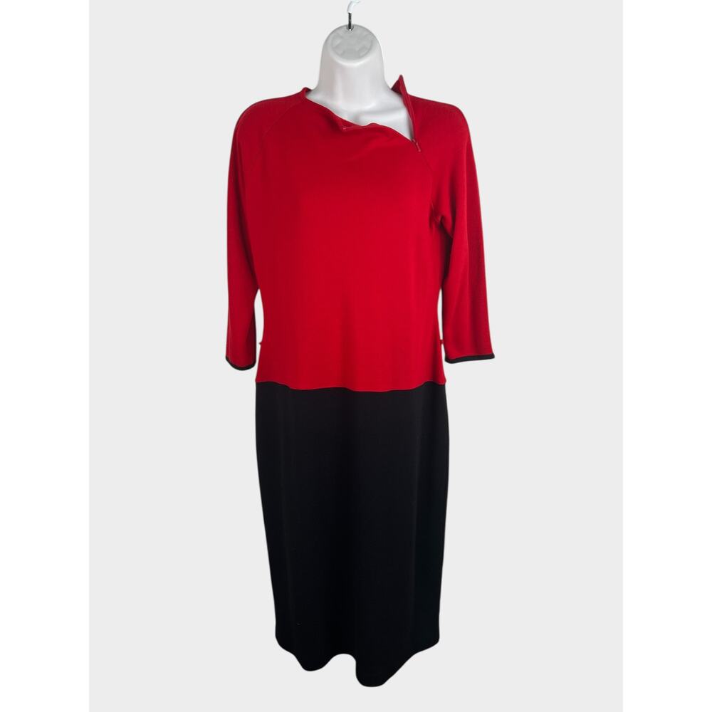 Liz Claiborne Red Black Colorblock‎ Sheath Dress 3/4 Sleeve Asym Zip Medium